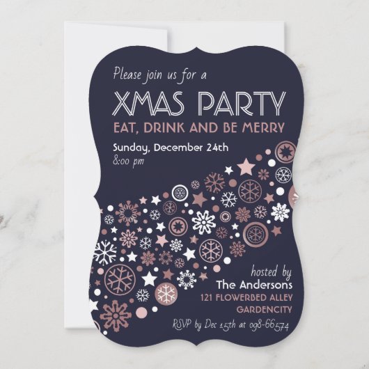 エレガントなピンクゴールドの雪の結晶 クリスマスパーティー 招待状 (裏面)
