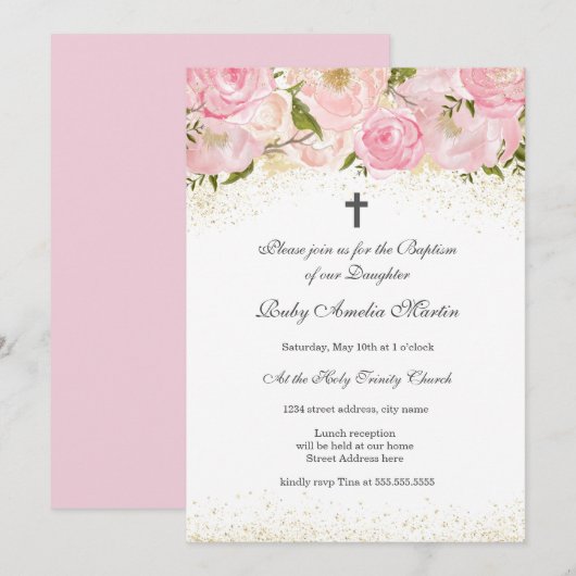 エレガントなピンクゴールドスパークルローズ洗礼招待状 招待状 (正面/裏面)