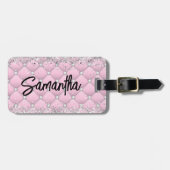 エレガントなピンクシルバー スパークリー グリッター モノグラム ラゲッジタグ (正面横)