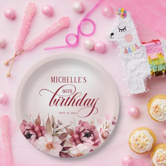 エレガントなピンクバーガンディーフラワーの80歳の誕生日 ペーパープレート (パーティー)