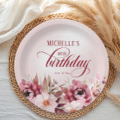 エレガントなピンクバーガンディーフラワーの80歳の誕生日 ペーパープレート