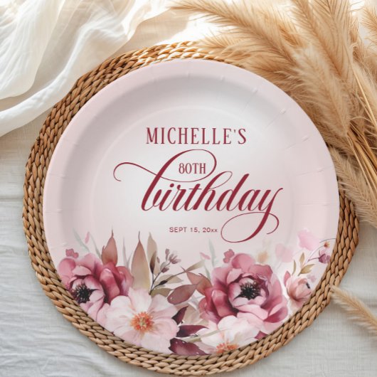 エレガントなピンクバーガンディーフラワーの80歳の誕生日 ペーパープレート