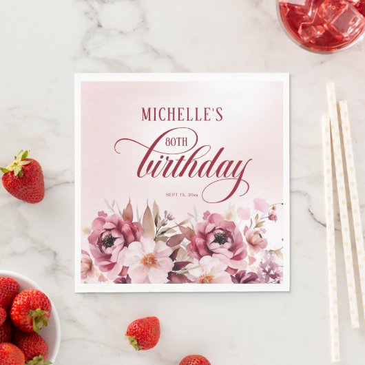 エレガントなピンクバーガンディーフラワー 80歳の誕生日 スタンダードランチョンナプキン (インサイチュ)