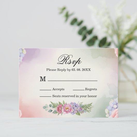 エレガントなピンクパープルのアジサイの結婚式の返信カード 出欠カード (スタンド正面)