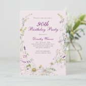 エレガントなピンクパープルのワイルドフラワー90歳の誕生日パーティー 招待状 (スタンド正面)