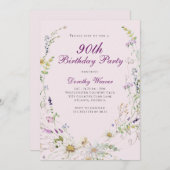 エレガントなピンクパープルのワイルドフラワー90歳の誕生日パーティー 招待状 (正面/裏面)