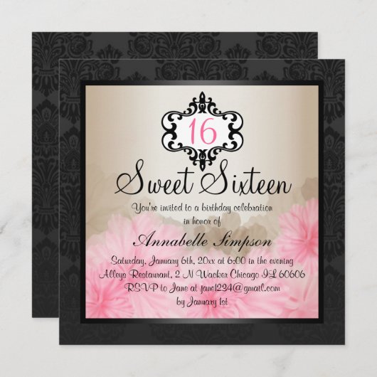 エレガントなピンク及び黒い花のシックな菓子16の招待 招待状 (正面/裏面)