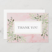 エレガントなピンク大理石のグリーンリーフ サンキューカード (正面/裏面)