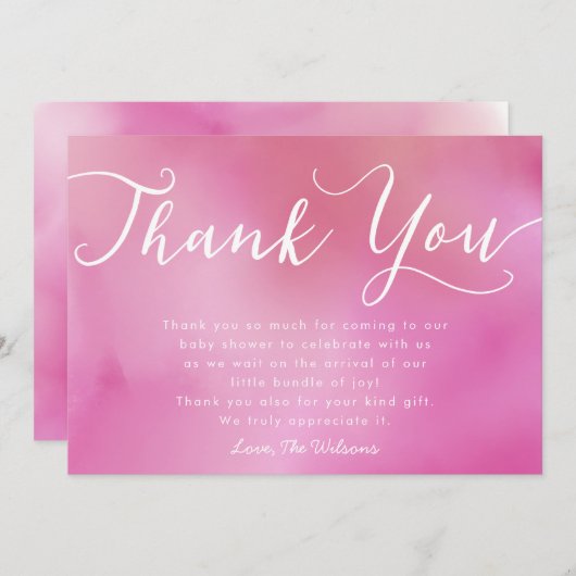 エレガントなピンク手の教養がある原稿のベビーシャワー サンキューカード (正面/裏面)