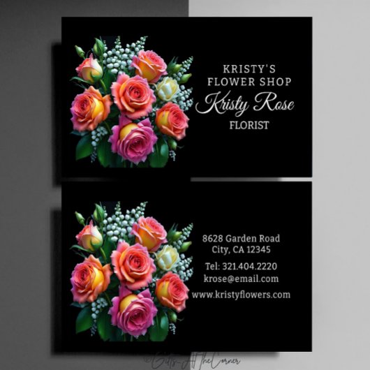 エレガントなピンク オレンジ ホワイト ローズ フラワー フローリスト 名刺