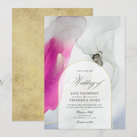 エレガントなピンク、グレー、ゴールドのアルコールインクウェディング 招待状 (正面/裏面)