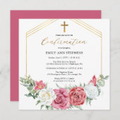 エレガントなピンク | ゴールドの花枠の女の子の確認 招待状 (正面/裏面)