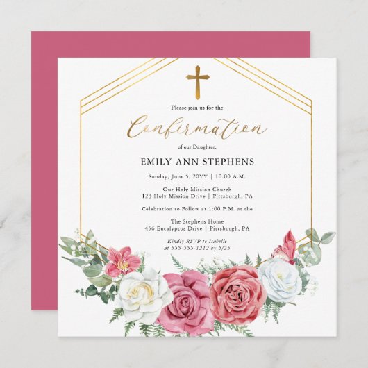エレガントなピンク | ゴールドの花枠の女の子の確認 招待状 (正面/裏面)