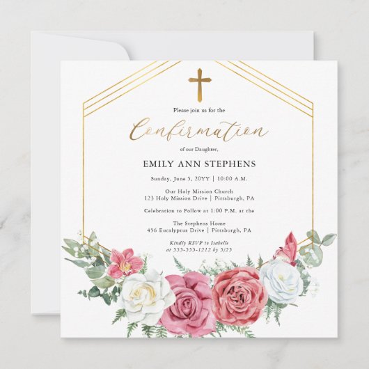エレガントなピンク | ゴールドの花枠の女の子の確認 招待状 (正面)