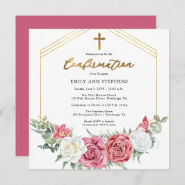 エレガントなピンク | ゴールドの花枠の女の子の確認 招待状