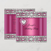 エレガントなピンク シルバー ダイヤモンド 誕生日パーティー 招待状 (正面/裏面)