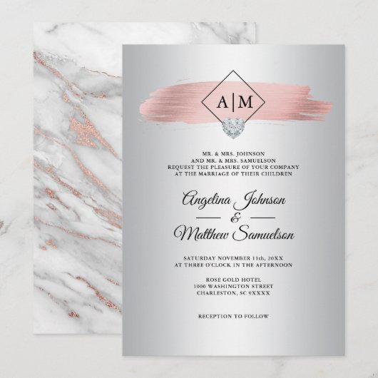 エレガントなピンク ダスティ ローズ ゴールド マーブル シルバー ウェディング 招待状 (正面/裏面)