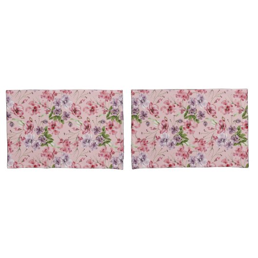 エレガントなピンク パープル グリーン 花柄 グリーン 葉 枕カバー (フロントセット)