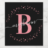 エレガントなピンク ブラック ネーム モノグラム スクリプト ワインラベル (シングルラベル)