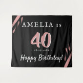 エレガントなピンク ブラック 40歳の誕生日パーティー 背景 タペストリー (正面(横))