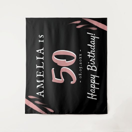 エレガントなピンク ブラック 50歳の誕生日パーティー 背景 タペストリー (正面)