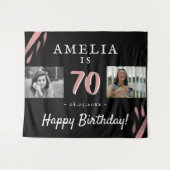 エレガントなピンク ブラック 70歳の誕生日 2枚の写真の背景 タペストリー (正面(横))