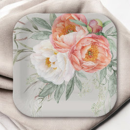 エレガントなピーチとアイボリーの水彩花  ペーパープレート