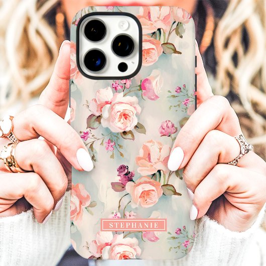 エレガントなピーチとピンクの花柄名入れデザイン Case-Mate iPhoneケース