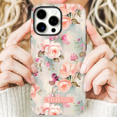 エレガントなピーチとピンクの花柄名入れデザイン Case-Mate iPhoneケース
