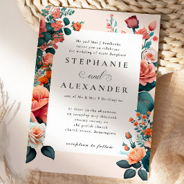 エレガントなピーチ＆ティール フラワーフォーマルウェディング 招待状