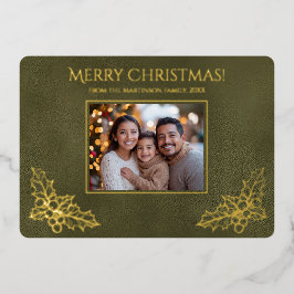 エレガントなファミリーフォトグリーン ホリー 箔シーズンカード