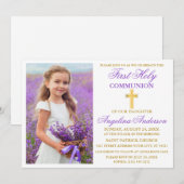 エレガントなファーストホーリーコミュニオン 紫 ゴールド フォト 招待状 (正面/裏面)