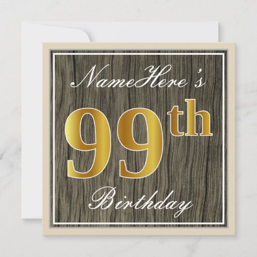 エレガントなフェイクウッドとゴールド調の99歳の誕生日＋名前 招待状 (正面)