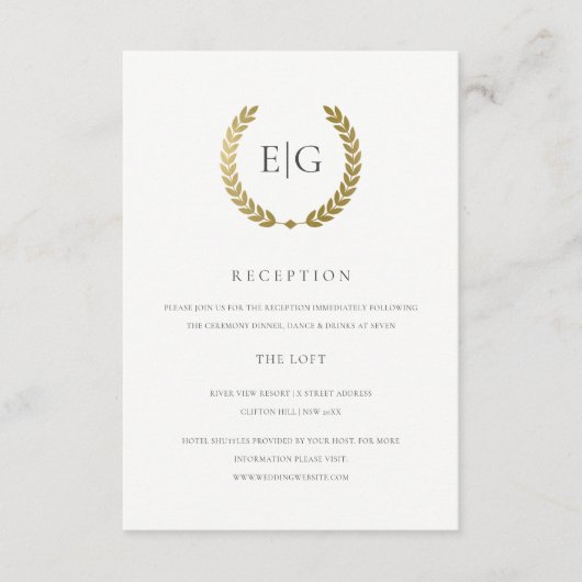 エレガントなフェイクゴールドの花モチーフの月桂樹のリース 受付 エンクロージャーカード (正面)