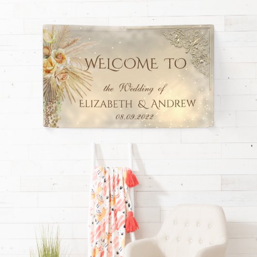 エレガントなフェスティブゴールドボホーフラワーウェディング 横断幕 (インサイチュ)