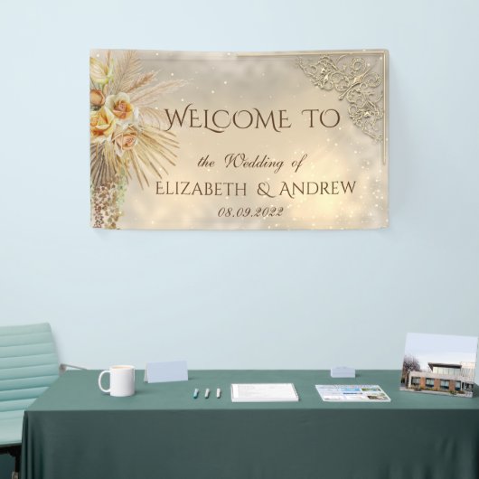 エレガントなフェスティブゴールドボホーフラワーウェディング 横断幕 (トレードショー)