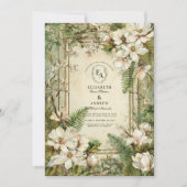 エレガントなフェンとアイボリーの花のウェディング 招待状 (正面)