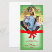 エレガントなフェードグリーンとレッドリボン ラブ ピース ジョイ シーズンカード (正面/裏面)