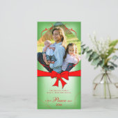 エレガントなフェードグリーンとレッドリボン ラブ ピース ジョイ シーズンカード (スタンド正面)