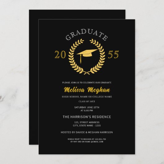 エレガントなフォーマルなラウレルリースゴールドキャップパーティー 招待状 (正面/裏面)