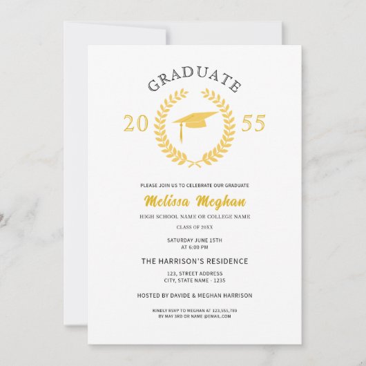 エレガントなフォーマルラウレルリースゴールドキャップパーティー 招待状 (正面)