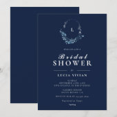 エレガントなフォーマル ネイビーブルー モノグラム ブライダルシャワー 招待状 (正面/裏面)