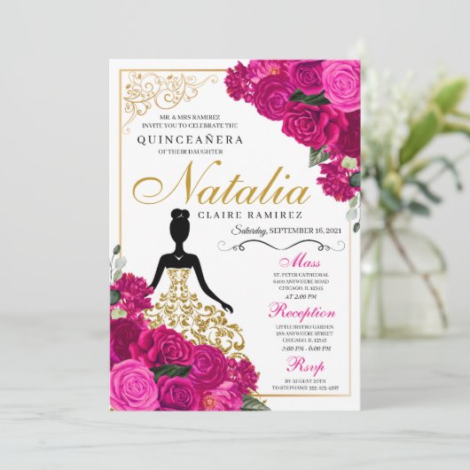 エレガントなフクシアピンクの花のキンセアニエラ誕生日 招待状 (スタンド正面)