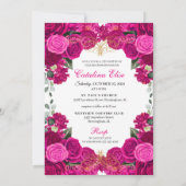 エレガントなフクシアピンクの花のキンチェアラ誕生日 招待状 (裏面)