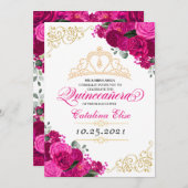 エレガントなフクシアピンクの花のキンチェアラ誕生日 招待状 (正面/裏面)