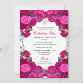 エレガントなフクシアピンクシルバーフラワーのキンセアニエラ 招待状 (裏面)