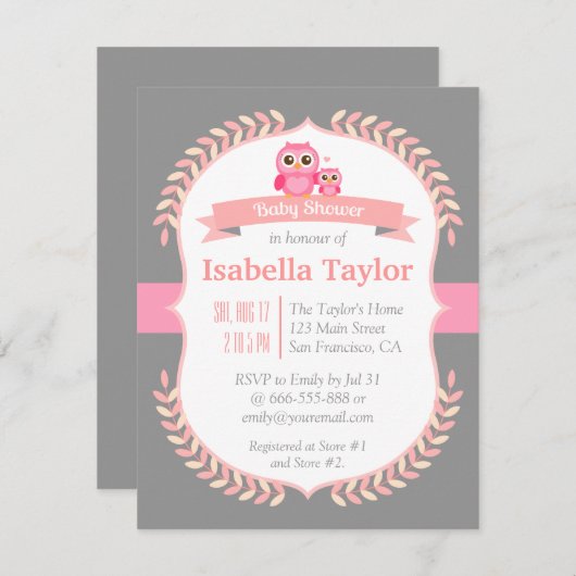 エレガントなフクロウの女の赤ちゃんのシャワー 招待状 (正面/裏面)