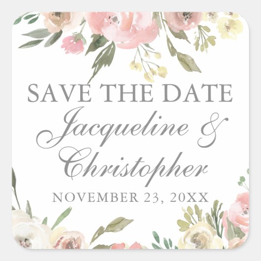 エレガントなフラッシュピンクのイボリーの花のSave the Date スクエアシール (正面)