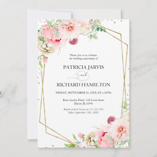 エレガントなフラッシュ ブルーの花柄 ジオメトリック ウェディング アニバーサリー 招待状 (正面)