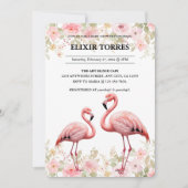エレガントなフラミンゴのベビーシャワー ピンクの花 招待状 (正面)